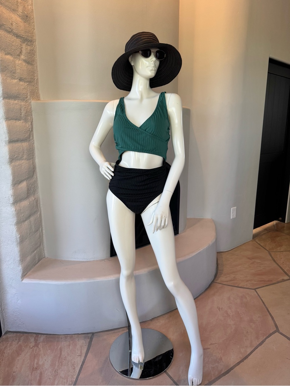 Green Ribbed V-Neck Top with Black High-Waist Bottom one piece swimsuit